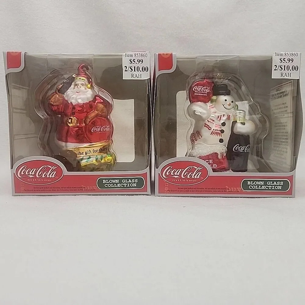 Ornament Coca Cola Blown Glass Snowman Santa Christmas Cavanaugh Set Of 2